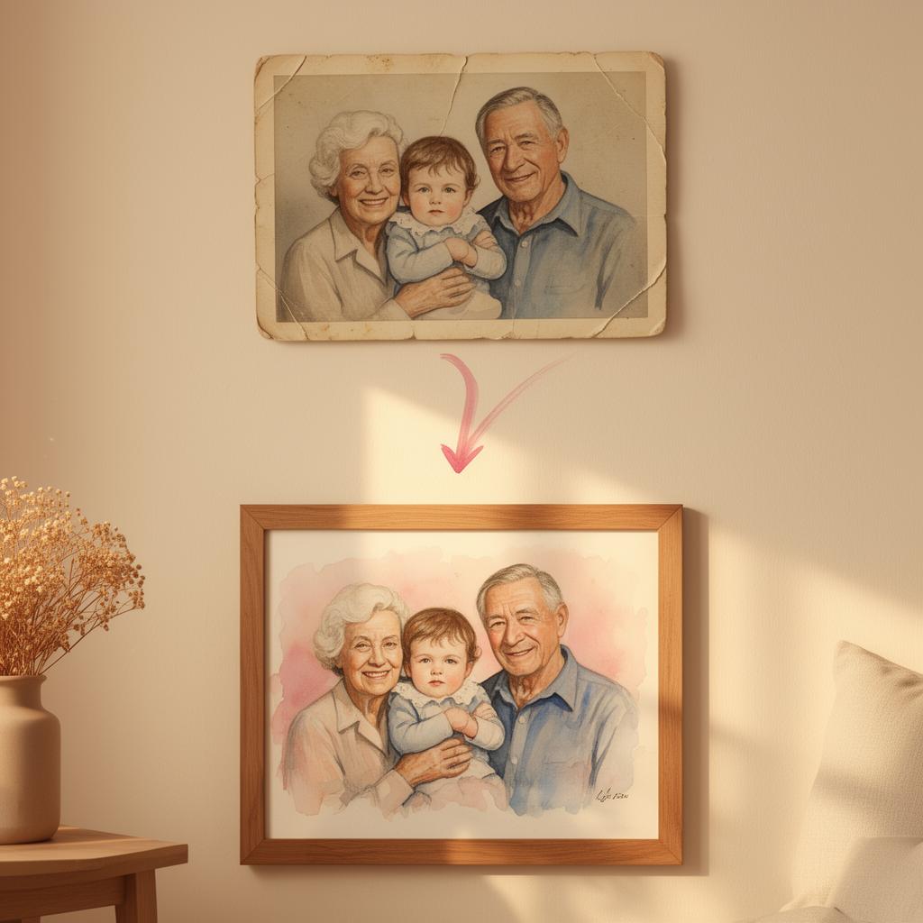 An old worn family photograph of grandparents holding a grandchild, transformed into a beautiful framed watercolor portrait hanging on a warm cozy wall