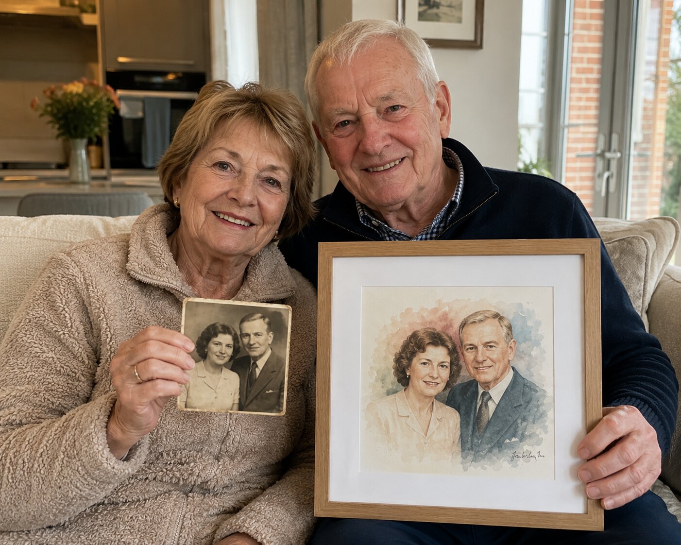 Margaret and John from Kent holding their original wedding photo next to a new framed watercolor portrait of themselves