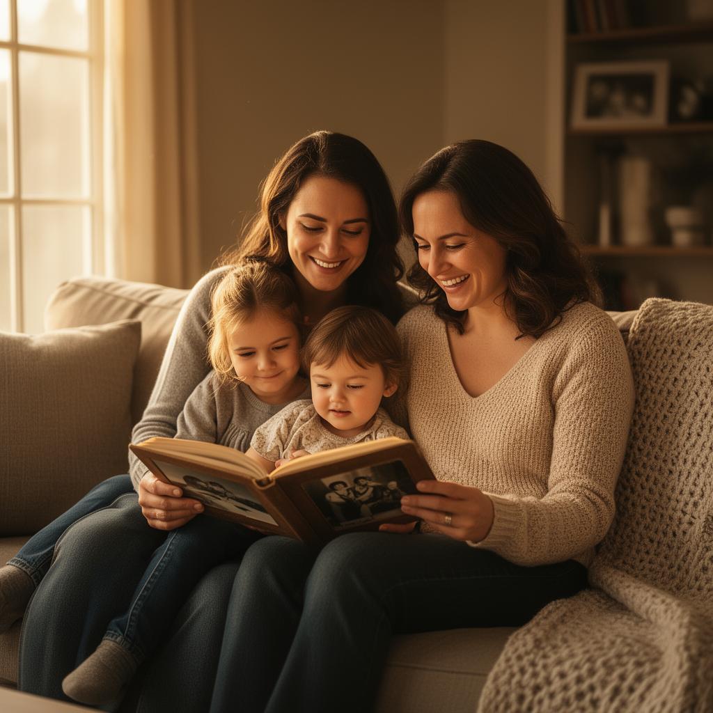 A mother and daughter sharing a tender moment looking through old family photo albums together in warm afternoon light