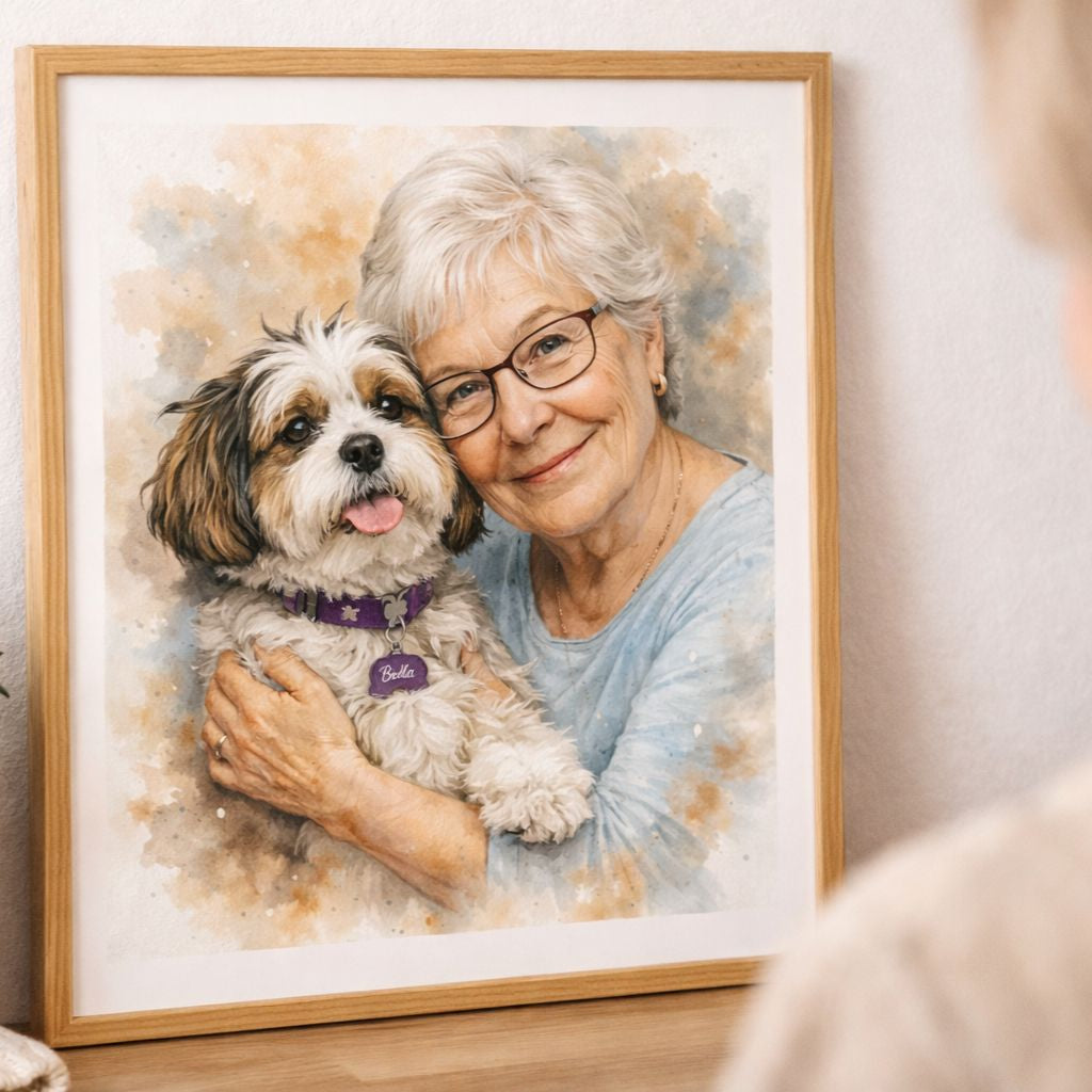 Pet & Owner Watercolour Portrait – Celebrate Your Bond with Your Furry Friend,