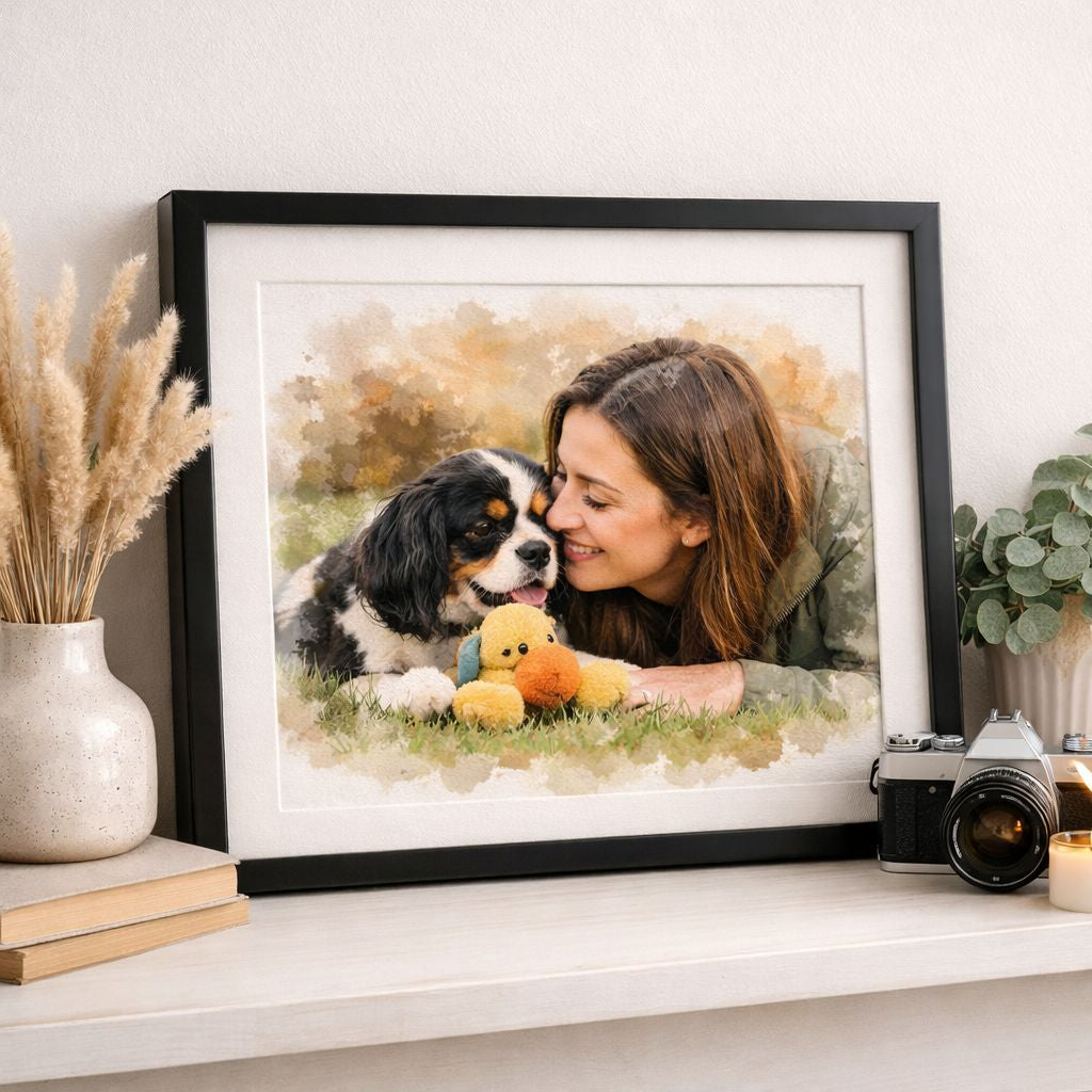 Pet & Owner Watercolour Portrait – Celebrate Your Bond with Your Furry Friend,
