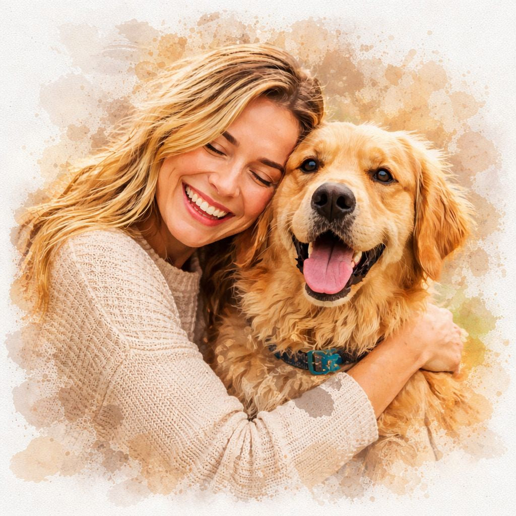 Pet & Owner Watercolour Portrait – Celebrate Your Bond with Your Furry Friend,