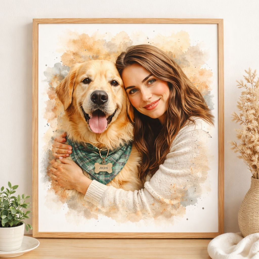 Pet & Owner Watercolour Portrait – Celebrate Your Bond with Your Furry Friend,