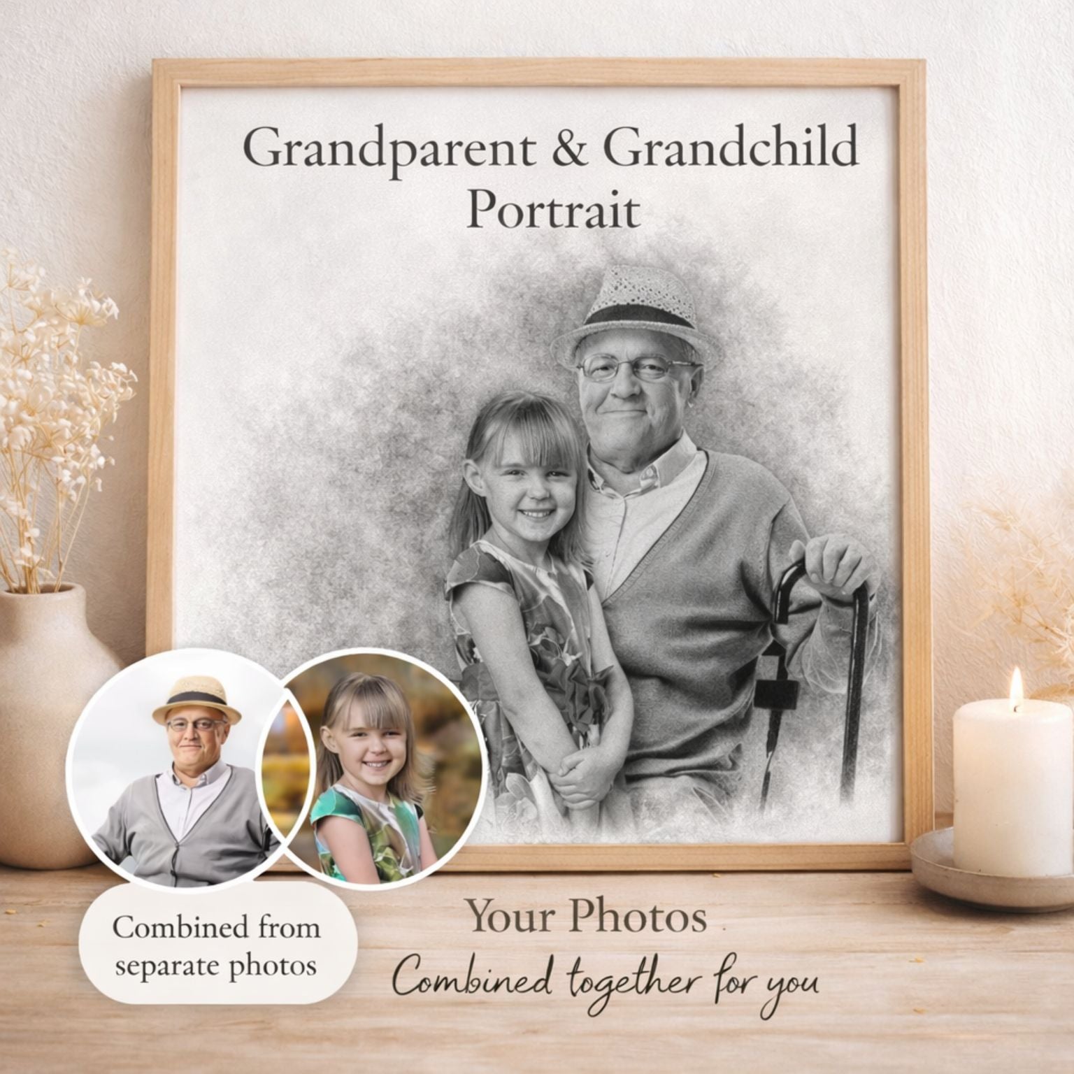 Custom Family Pencil Portrait from Separate Photos | Black & White Memorial Style Artwork