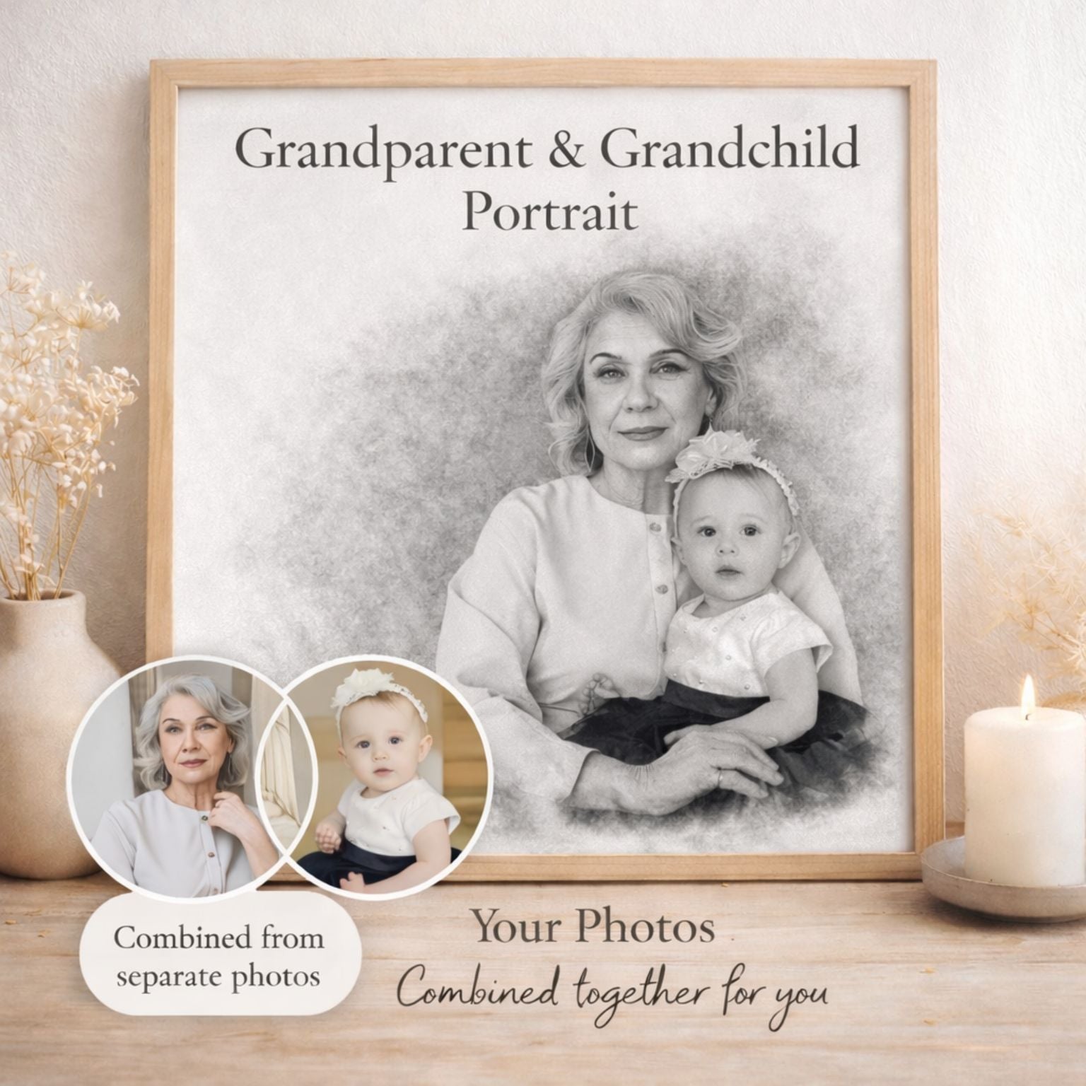 Custom Family Pencil Portrait from Separate Photos | Black & White Memorial Style Artwork