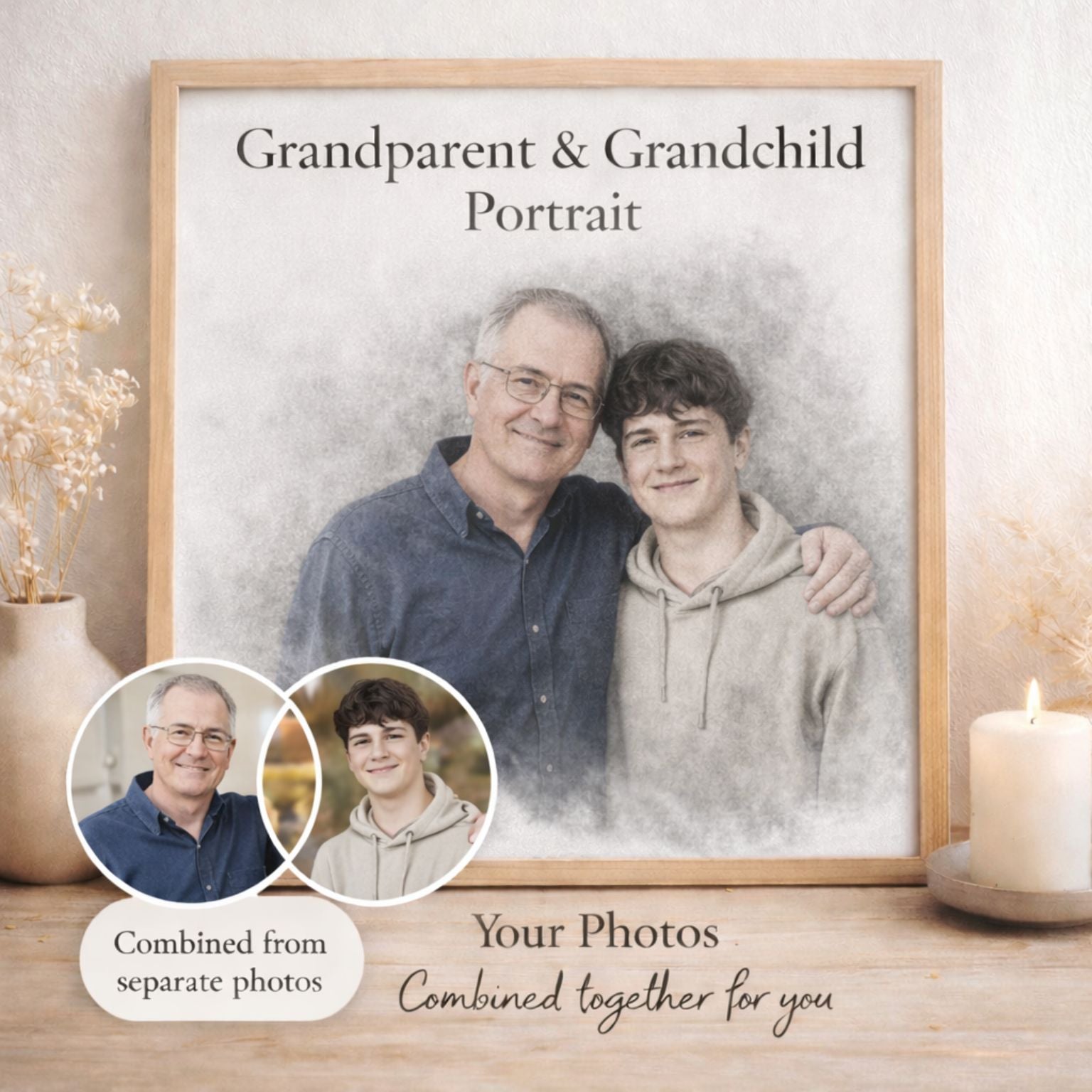 Custom Family Pencil Portrait from Separate Photos | Black & White Memorial Style Artwork