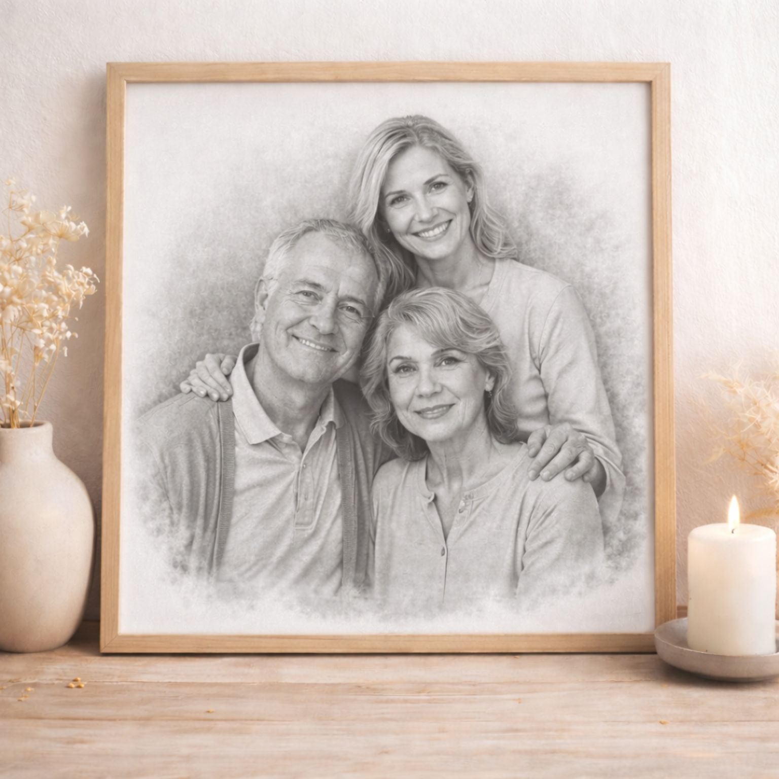 Custom Family Pencil Portrait from Separate Photos | Black & White Memorial Style Artwork