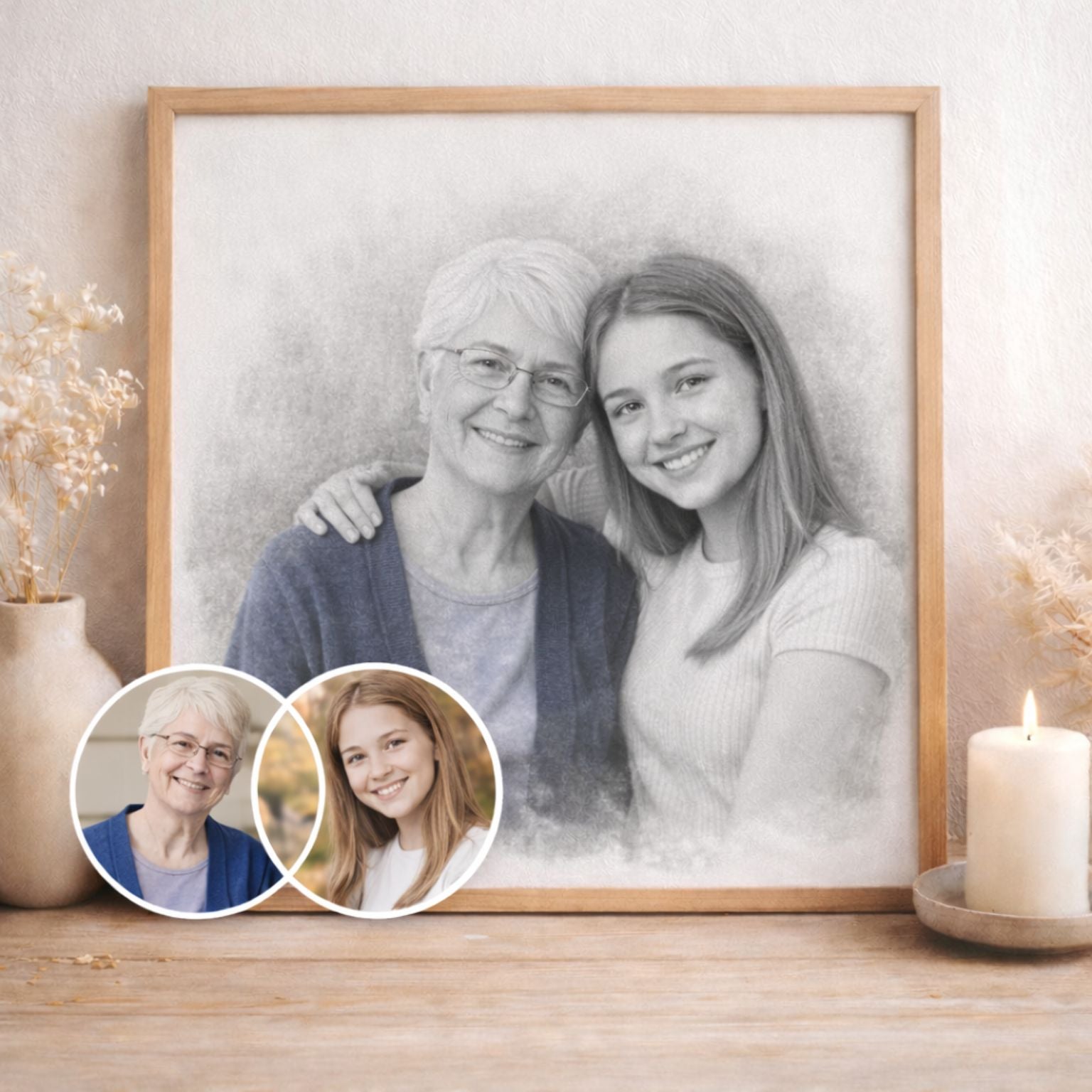 Custom Family Pencil Portrait from Separate Photos | Black & White Memorial Style Artwork