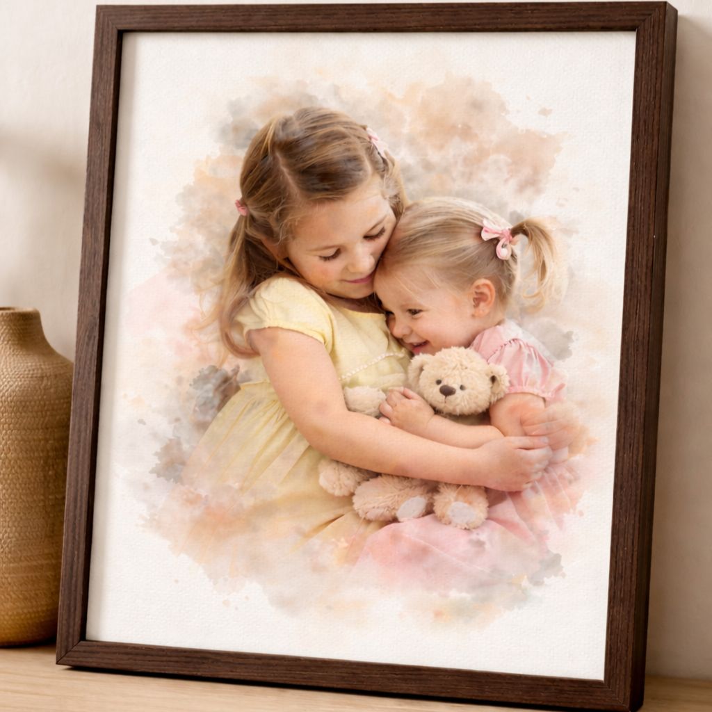 Sibling Bond Portrait – Capture the Unique Connection Between Siblings, Custom Watercolour Family Artwork