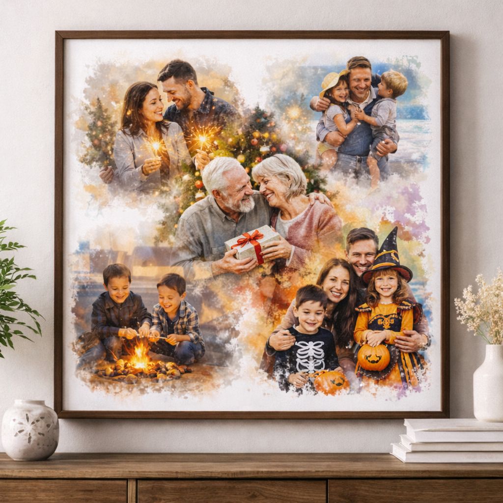 “Our Year in Portraits” Family Collage – Combine Favourite Moments into One Custom Watercolour Family Artwork