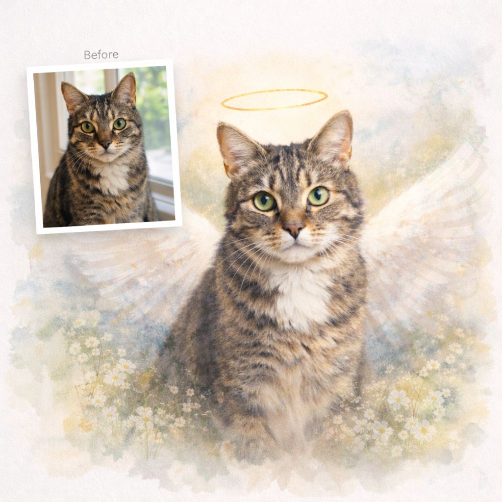Custom Pet Memorial Portrait from Photo – Angel Wings Dog or Cat Watercolour Artwork – Pet Loss Sympathy Gift – Personalised Pet Art