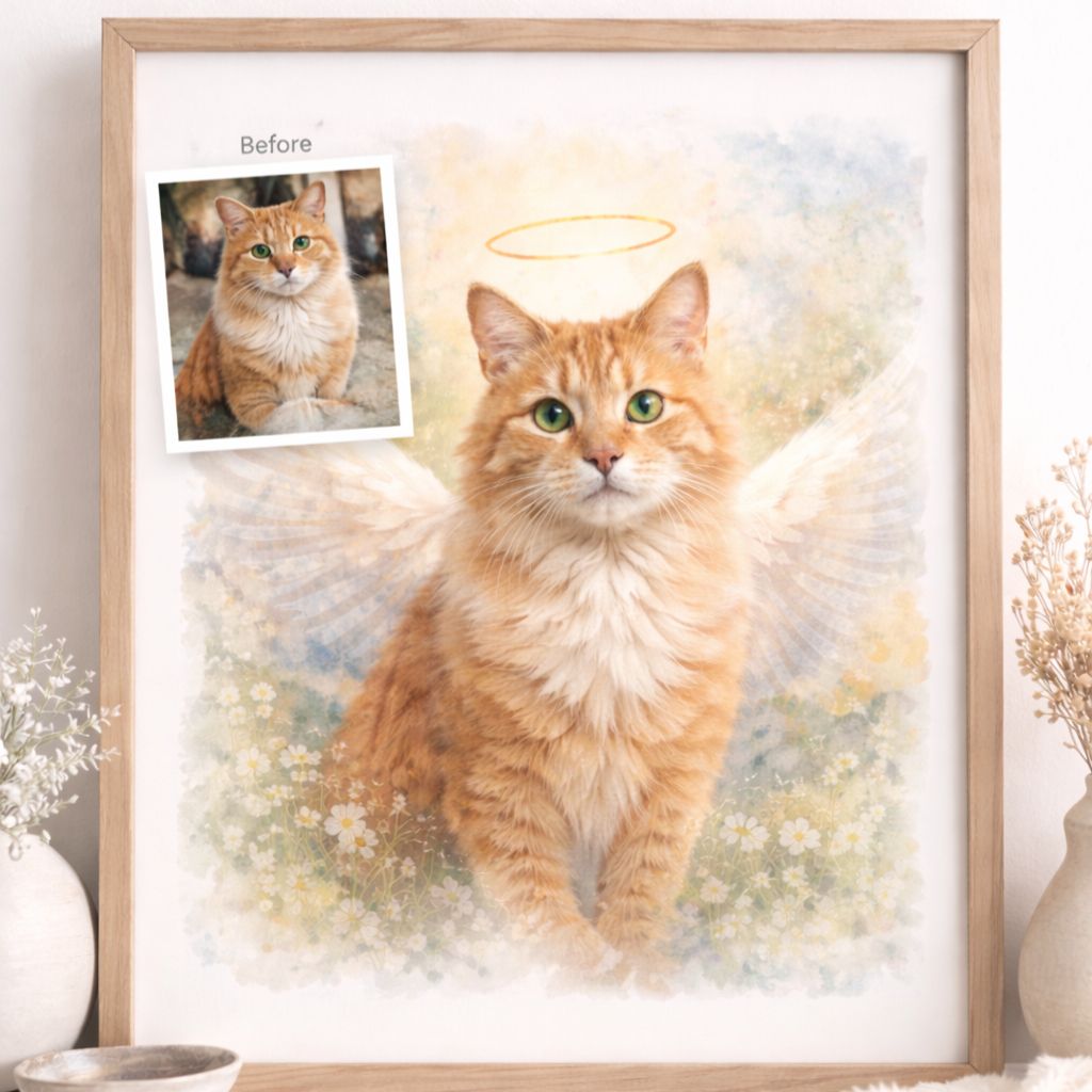 Custom Pet Memorial Portrait from Photo – Angel Wings Dog or Cat Watercolour Artwork – Pet Loss Sympathy Gift – Personalised Pet Art