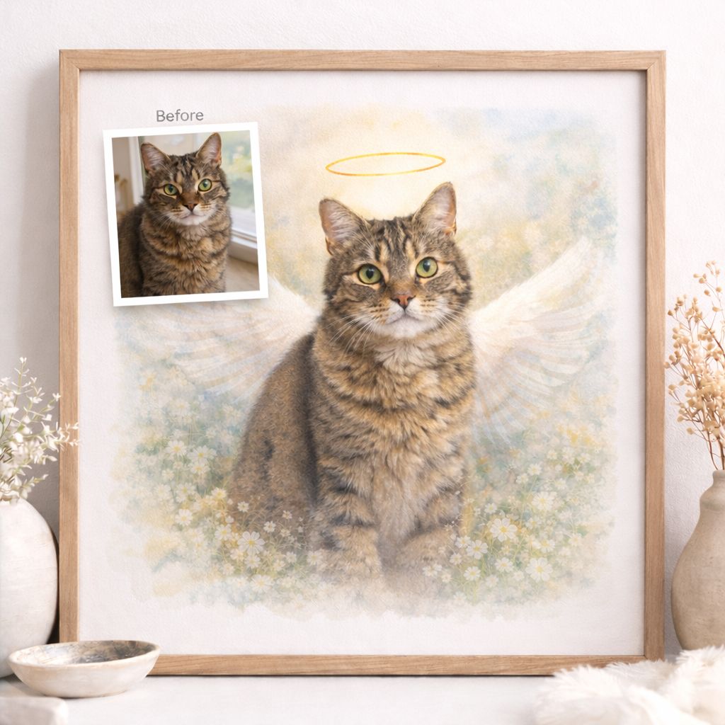 Custom Pet Memorial Portrait from Photo – Angel Wings Dog or Cat Watercolour Artwork – Pet Loss Sympathy Gift – Personalised Pet Art