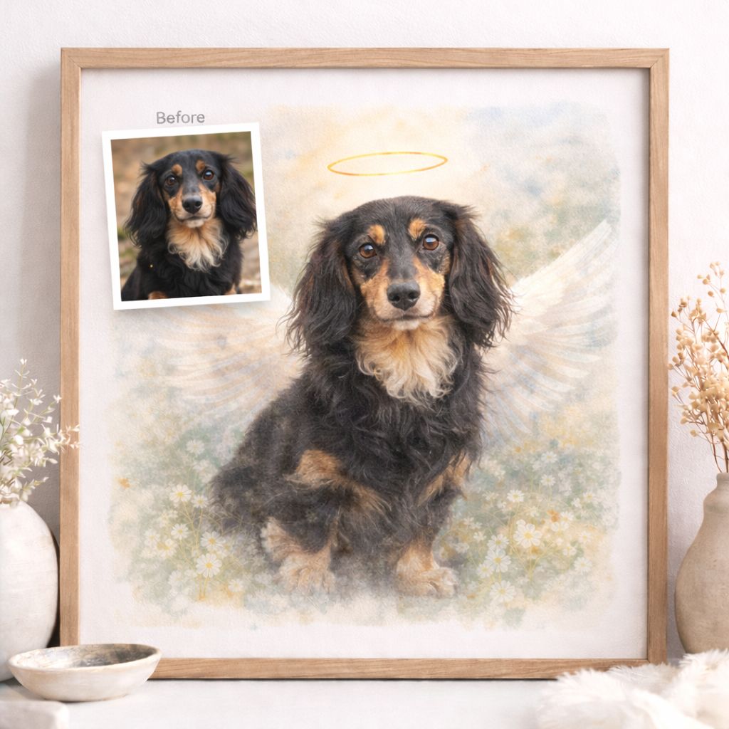 Custom Pet Memorial Portrait from Photo – Angel Wings Dog or Cat Watercolour Artwork – Pet Loss Sympathy Gift – Personalised Pet Art