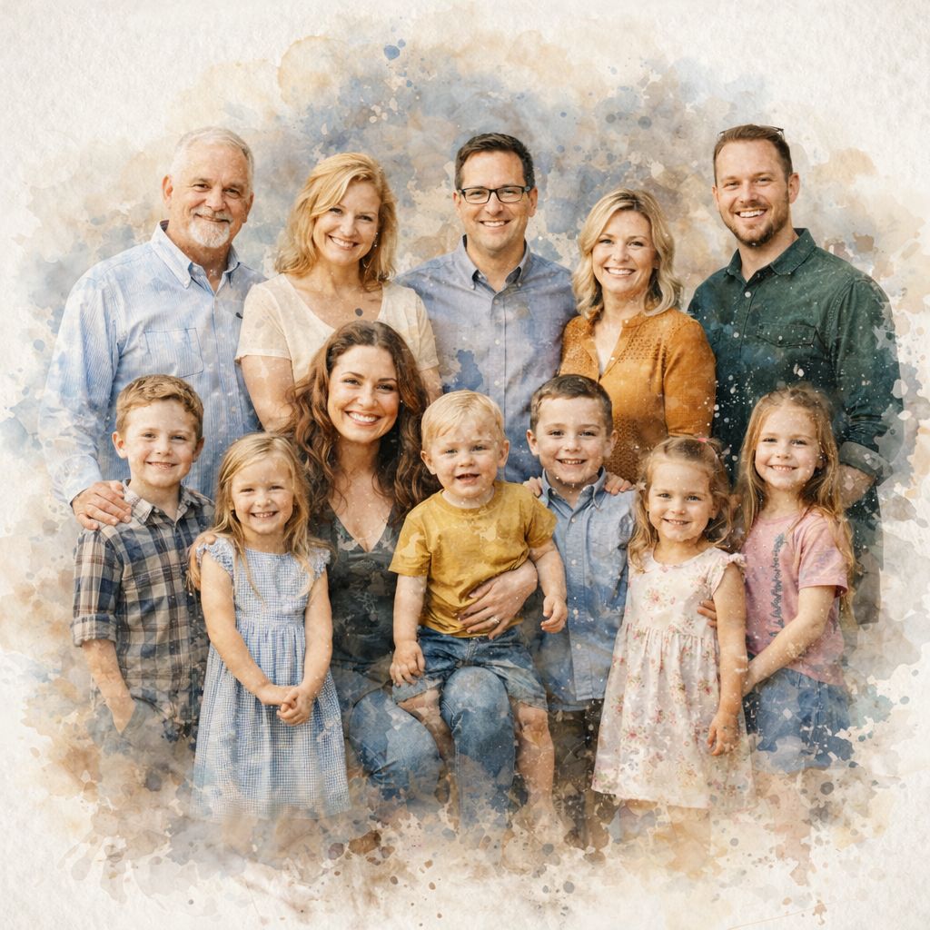 Family Reunion Portrait – Combine Relatives from Different Photos into One Custom Watercolour Family Artwork