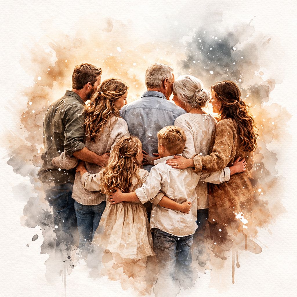 Family Reunion Portrait – Combine Relatives from Different Photos into One Custom Watercolour Family Artwork