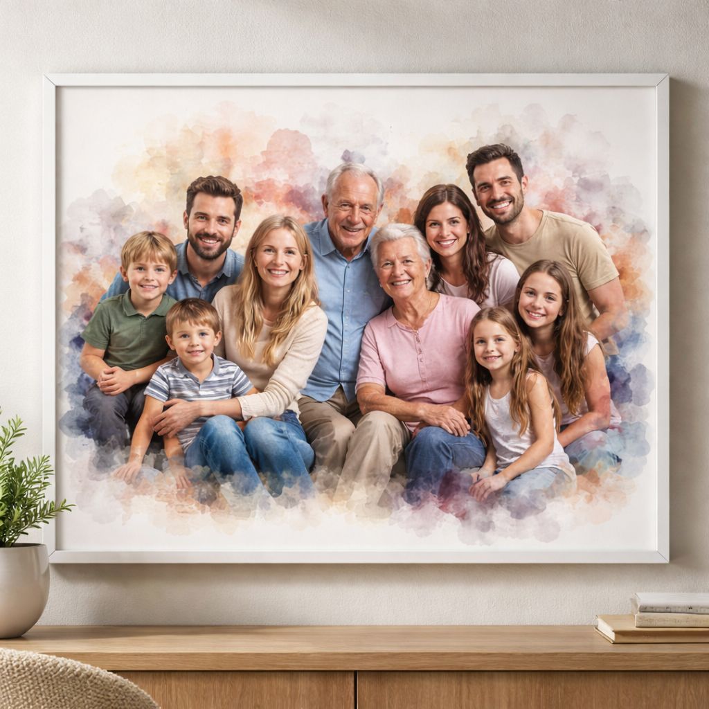 Family Reunion Portrait – Combine Relatives from Different Photos into One Custom Watercolour Family Artwork