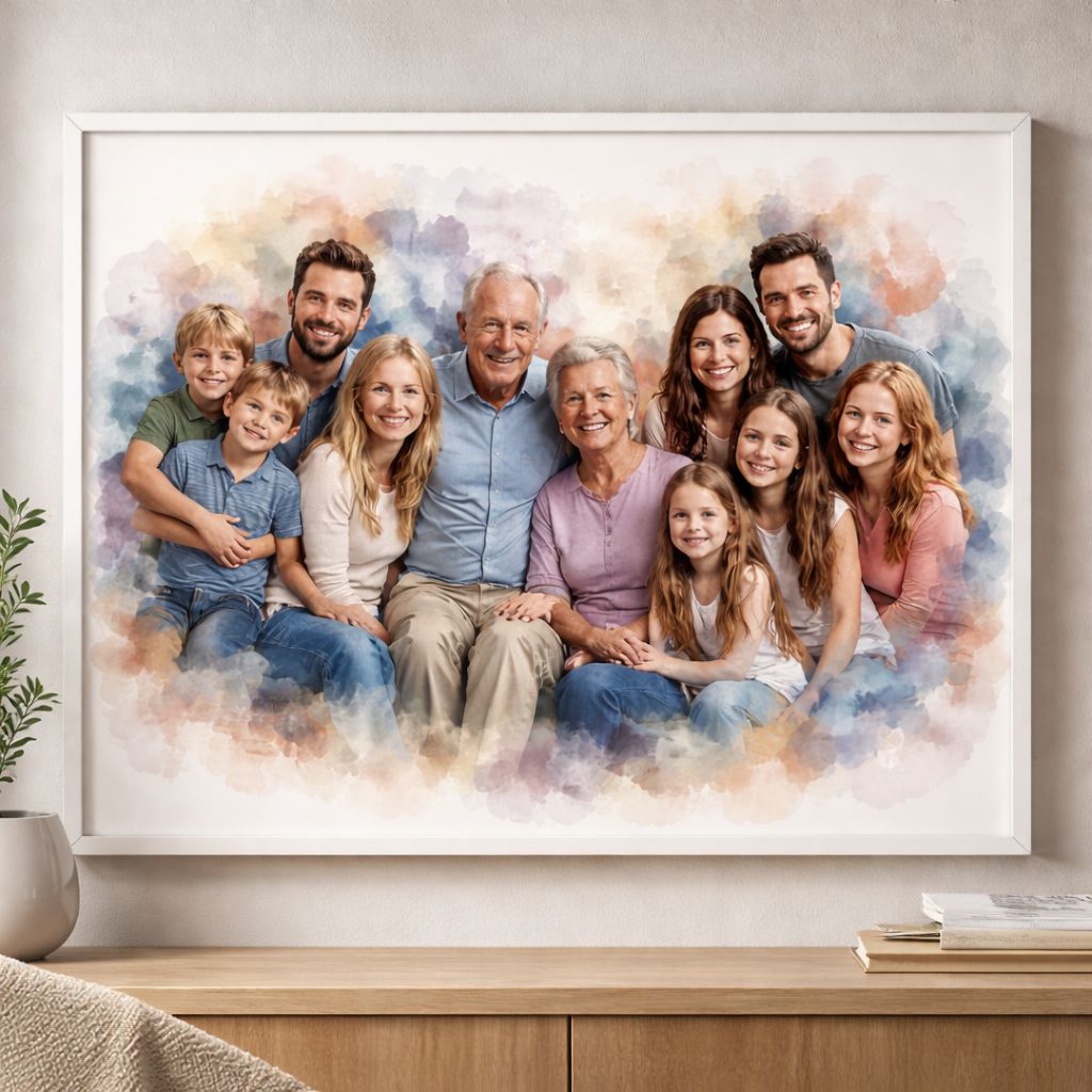 Family Reunion Portrait – Combine Relatives from Different Photos into One Custom Watercolour Family Artwork