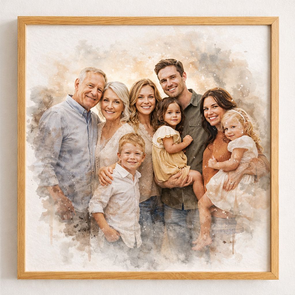 Family Reunion Portrait – Combine Relatives from Different Photos into One Custom Watercolour Family Artwork