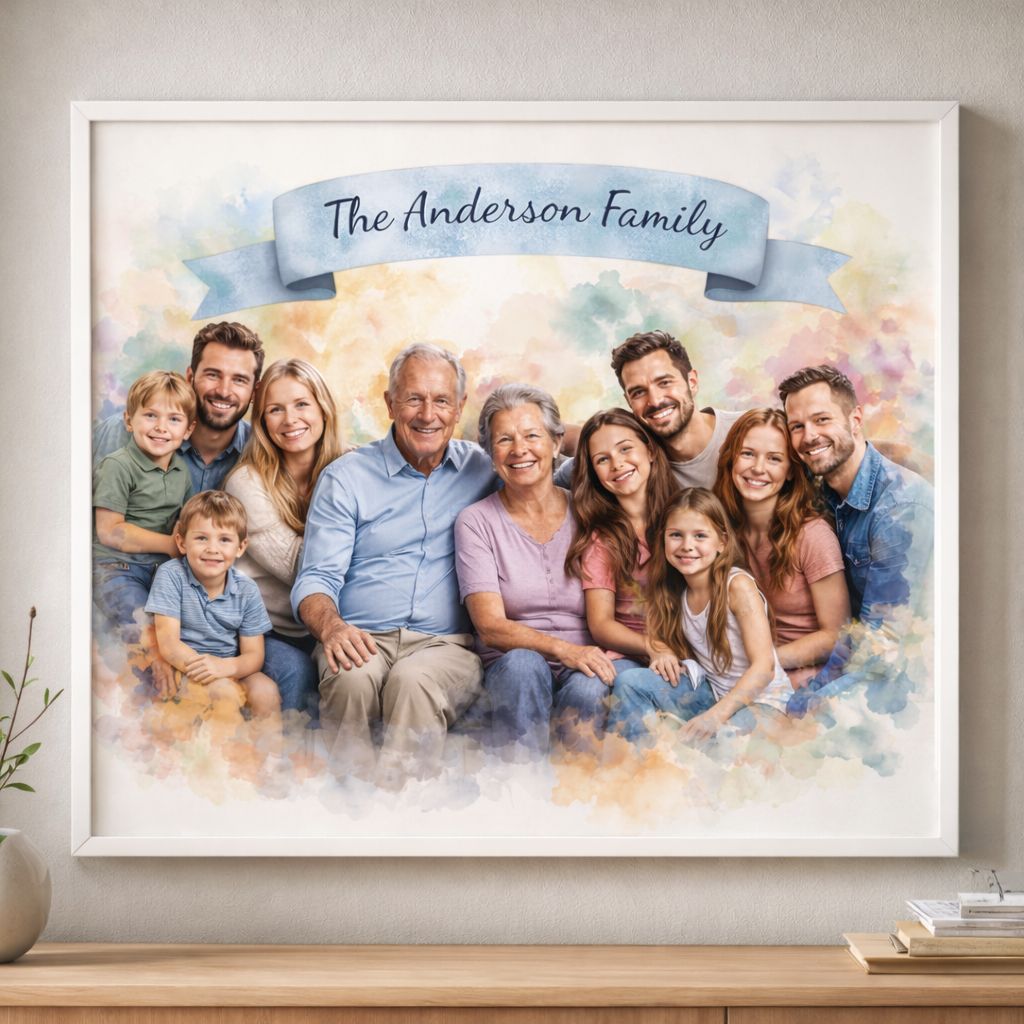 Family Reunion Portrait – Combine Relatives from Different Photos into One Custom Watercolour Family Artwork