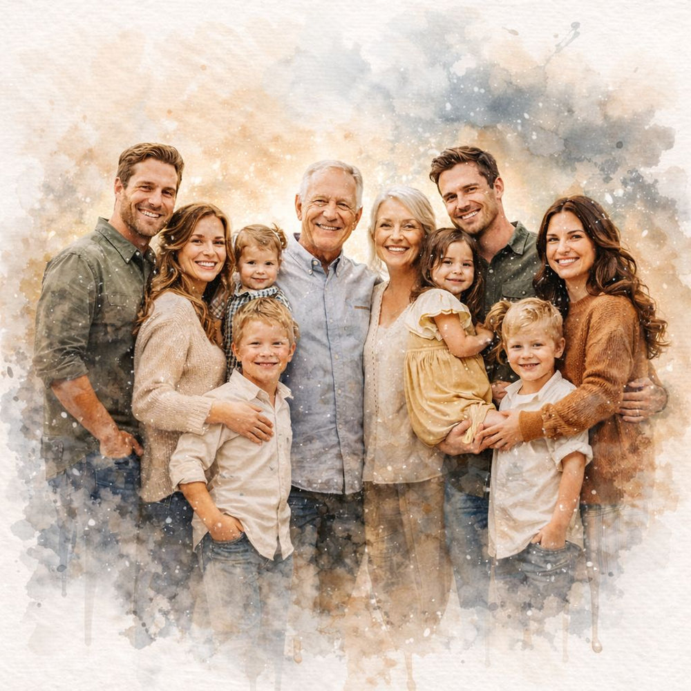 Family Reunion Portrait – Combine Relatives from Different Photos into One Custom Watercolour Family Artwork
