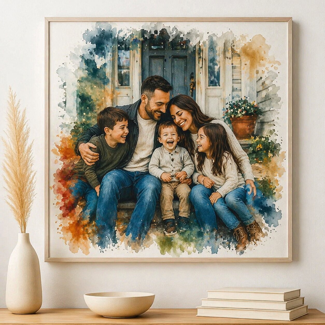 Family Portrait with Loved Ones – Custom Watercolour House and Family Artwork from Photo