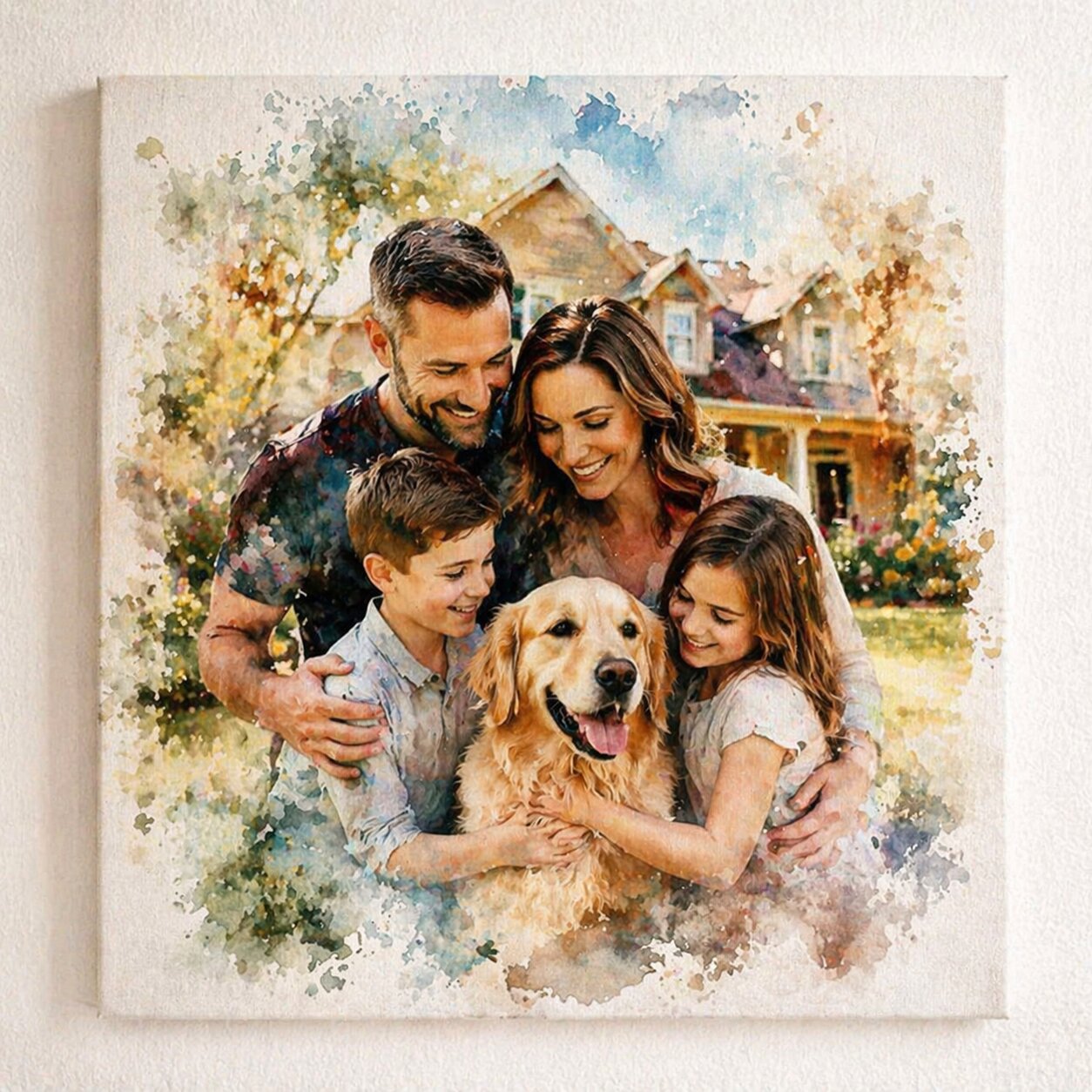 Family Portrait with Loved Ones – Custom Watercolour House and Family Artwork from Photo