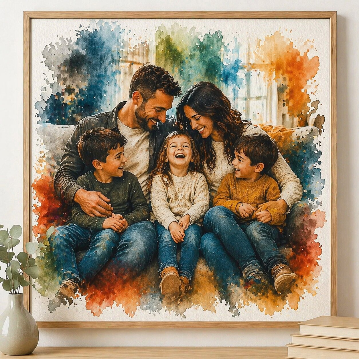 Family Portrait with Loved Ones – Custom Watercolour House and Family Artwork from Photo