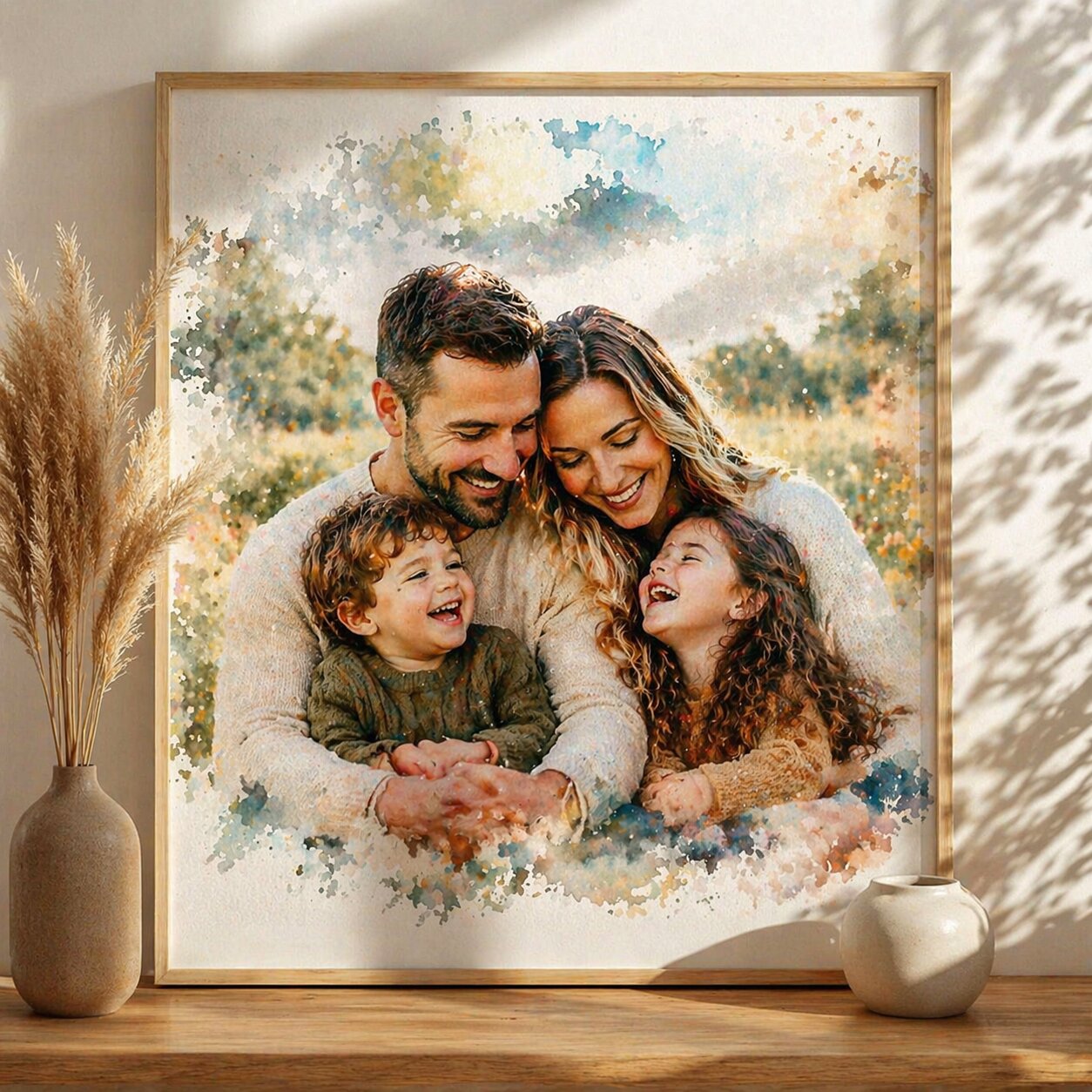 Family Portrait with Loved Ones – Custom Watercolour House and Family Artwork from Photo