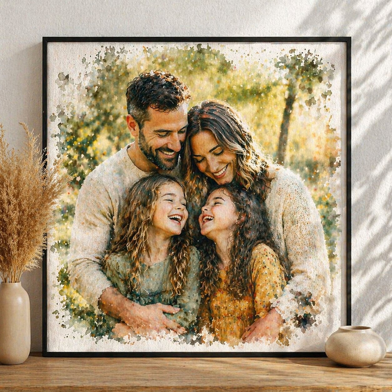 Family Portrait with Loved Ones – Custom Watercolour House and Family Artwork from Photo