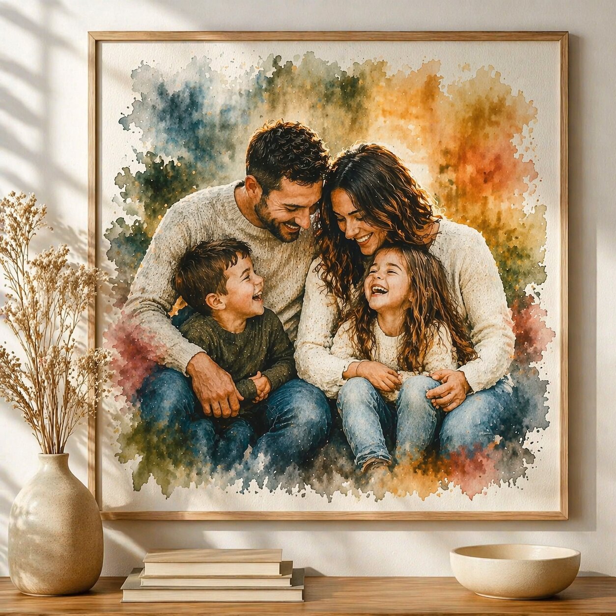 Family Portrait with Loved Ones – Custom Watercolour House and Family Artwork from Photo