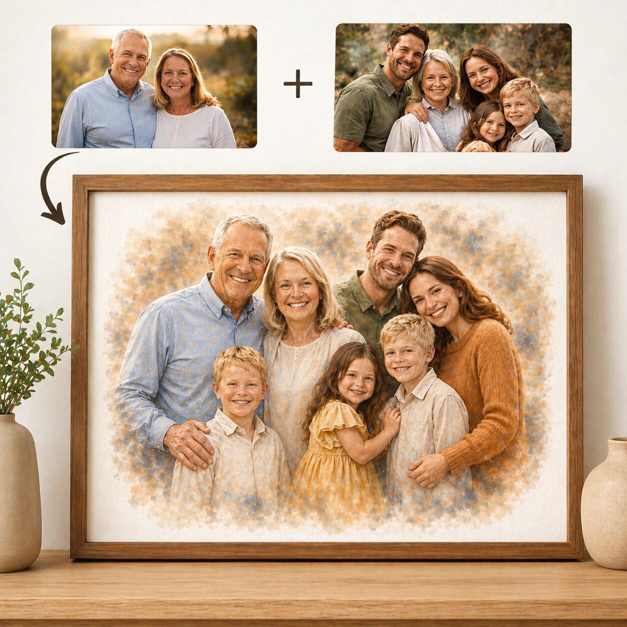 Bring Loved Ones Together Portrait – Even If They Never Met, Custom Watercolour Family Artwork from Photo