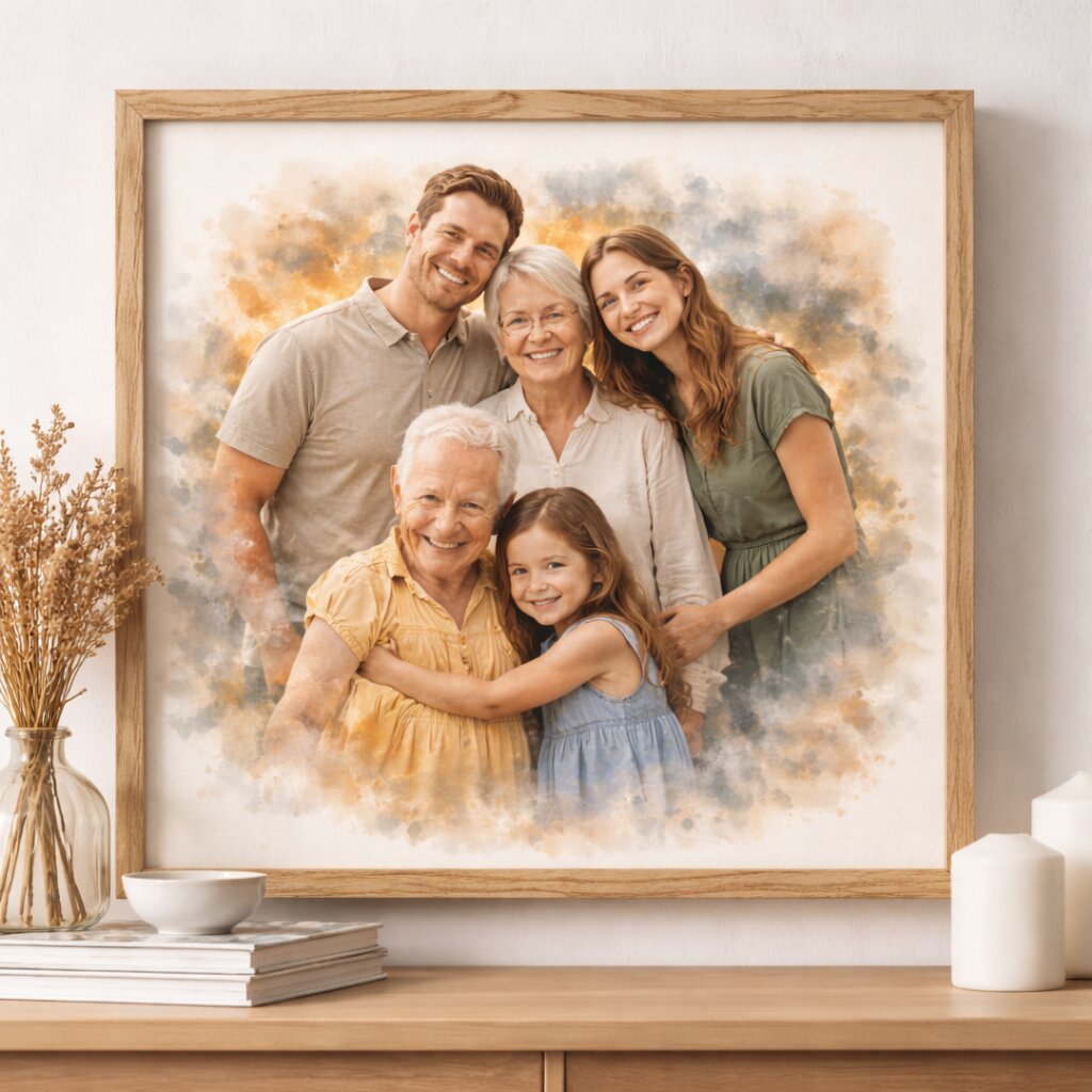 Bring Loved Ones Together Portrait – Even If They Never Met, Custom Watercolour Family Artwork from Photo
