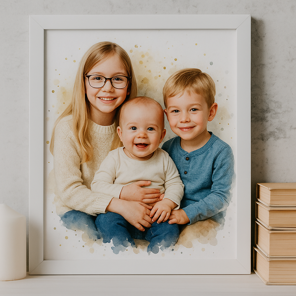 Personalised Watercolour Family Portrait – Custom Grandchildren Gift for Grandma & Grandad, Hand-Edited Photo Art