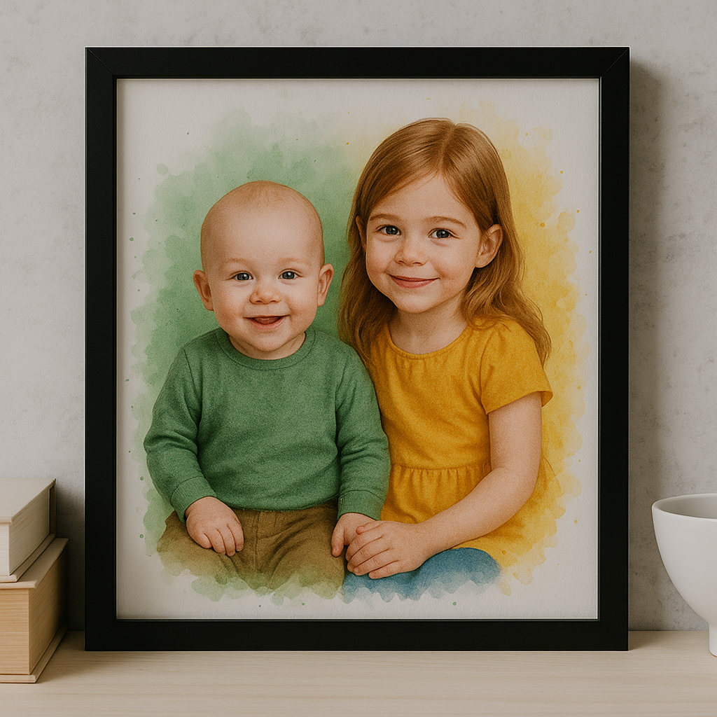 Personalised Watercolour Family Portrait – Custom Grandchildren Gift for Grandma & Grandad, Hand-Edited Photo Art