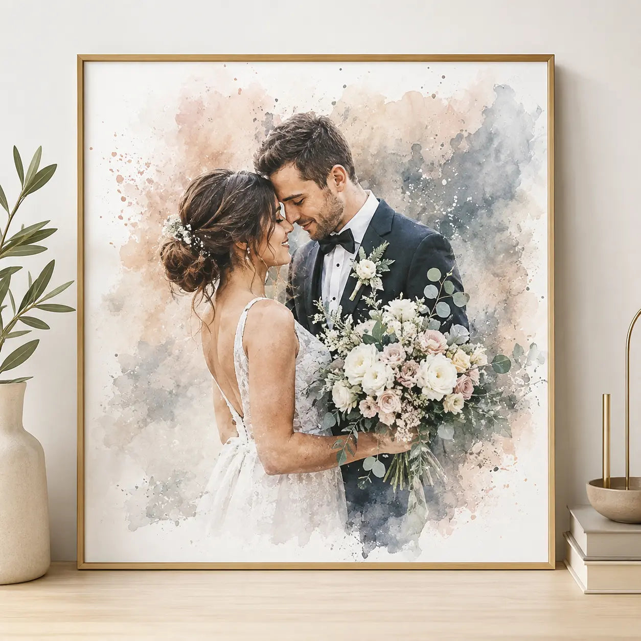 Modern Wedding Photo into Elegant Wall Art Personalised Watercolour Wedding Portrait