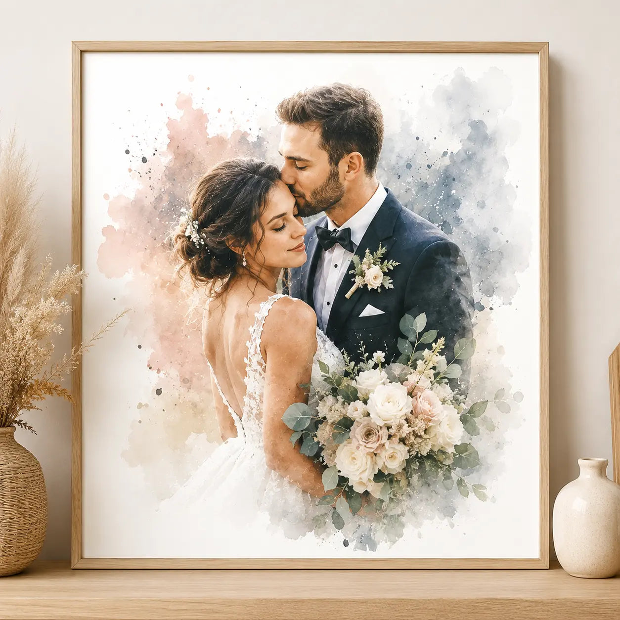 Modern Wedding Photo into Elegant Wall Art Personalised Watercolour Wedding Portrait