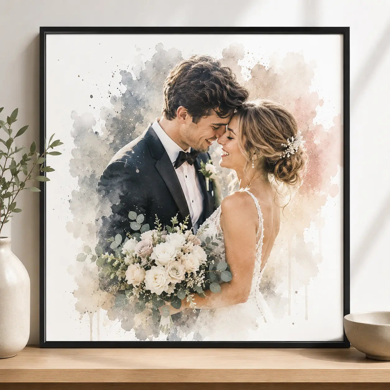 Modern Wedding Photo into Elegant Wall Art Personalised Watercolour Wedding Portrait