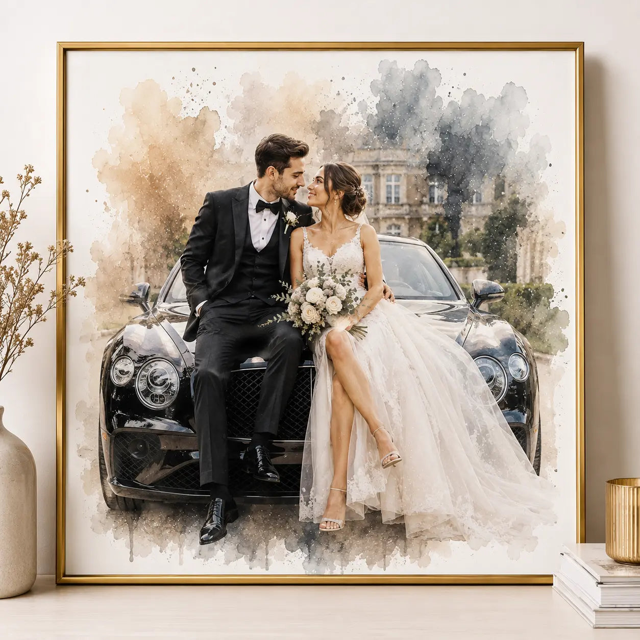 Modern Wedding Photo into Elegant Wall Art Personalised Watercolour Wedding Portrait