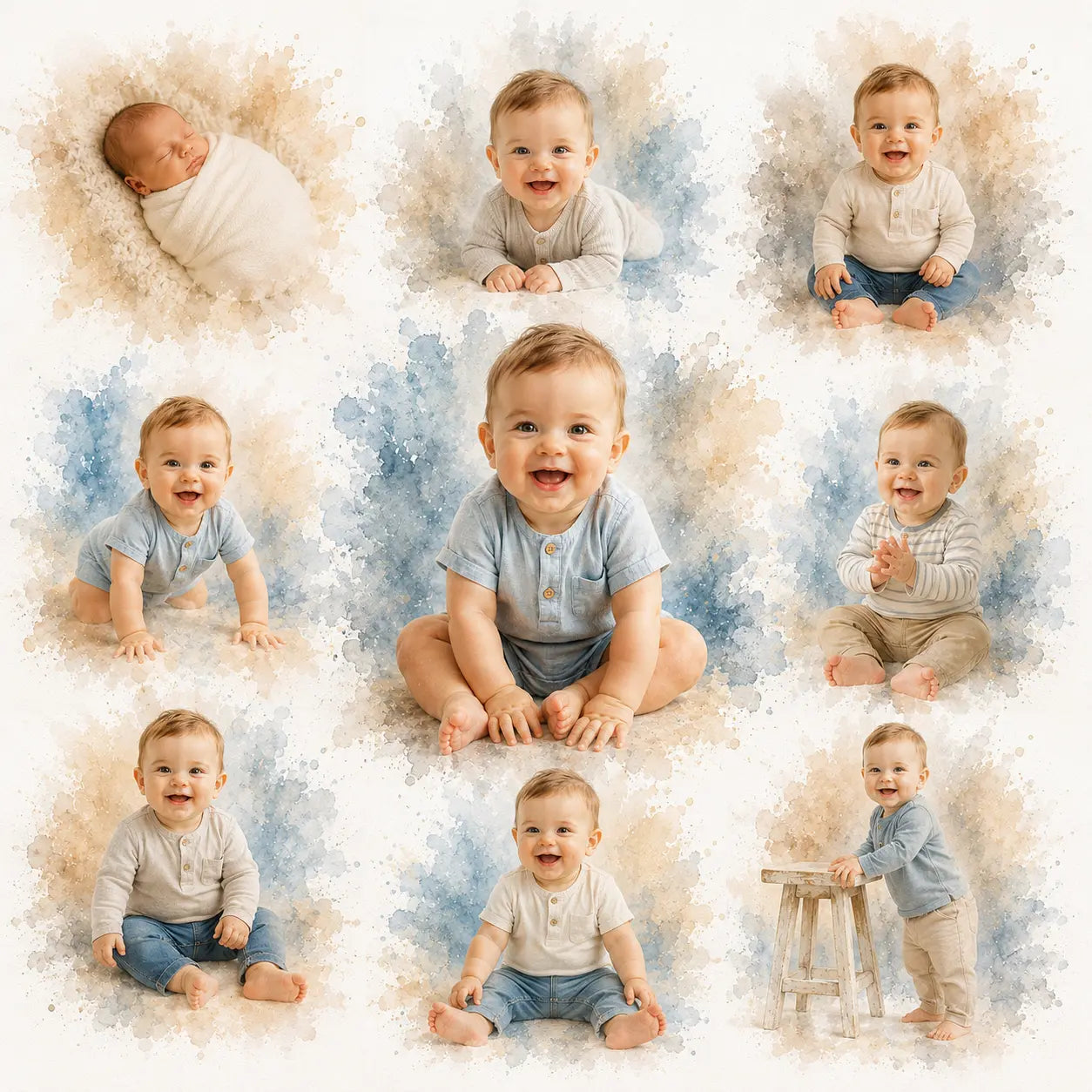 Baby Milestone Watercolour Portrait from Photo Personalised First Year Keepsake
