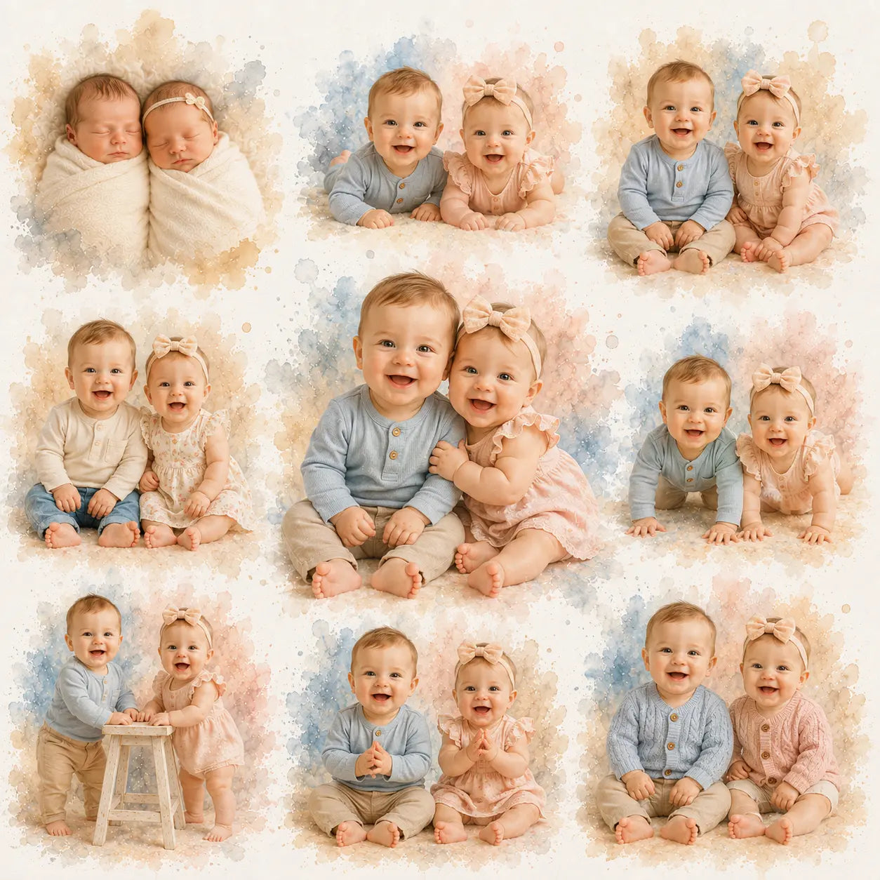 Baby Milestone Watercolour Portrait from Photo Personalised First Year Keepsake