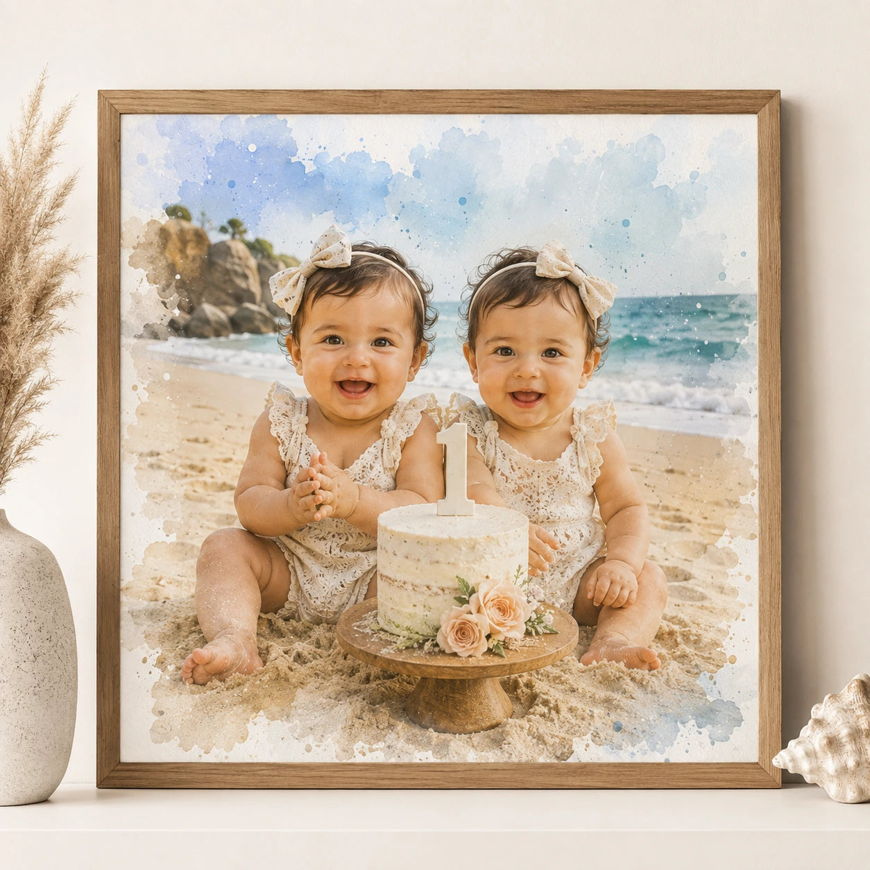 1st Birthday Portrait from Photo Personalised First Birthday Watercolour Keepsake