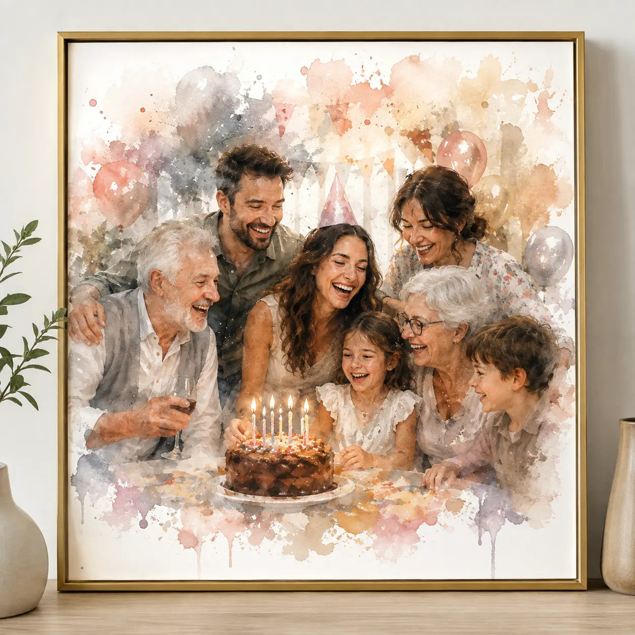 Custom Family Party Portrait from Photo Personalised Watercolour Celebration Artwork