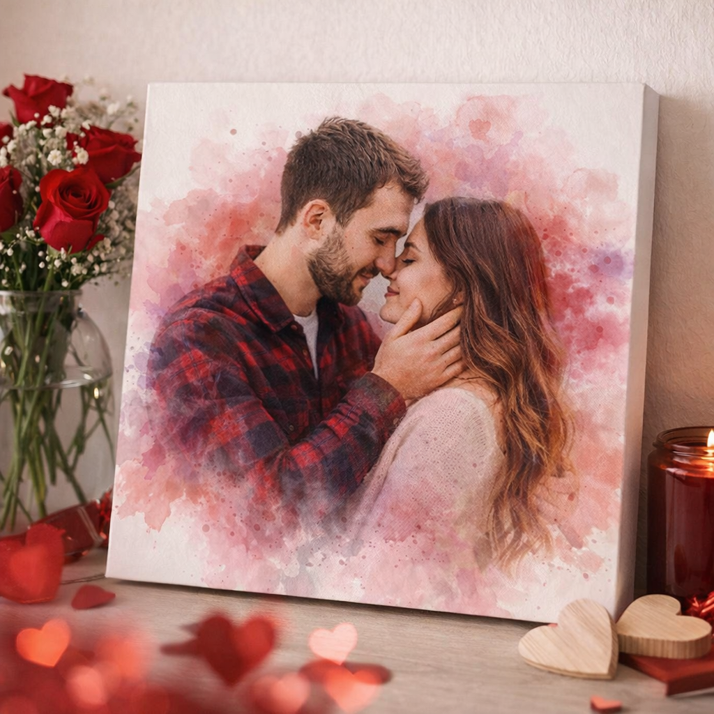 Custom Watercolour Couple Portrait – Long Distance Valentine’s Gift – Personalised Artwork