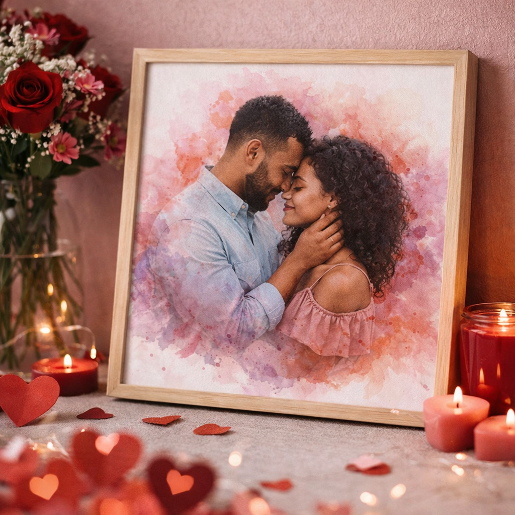 Custom Watercolour Couple Portrait – Long Distance Valentine’s Gift – Personalised Artwork