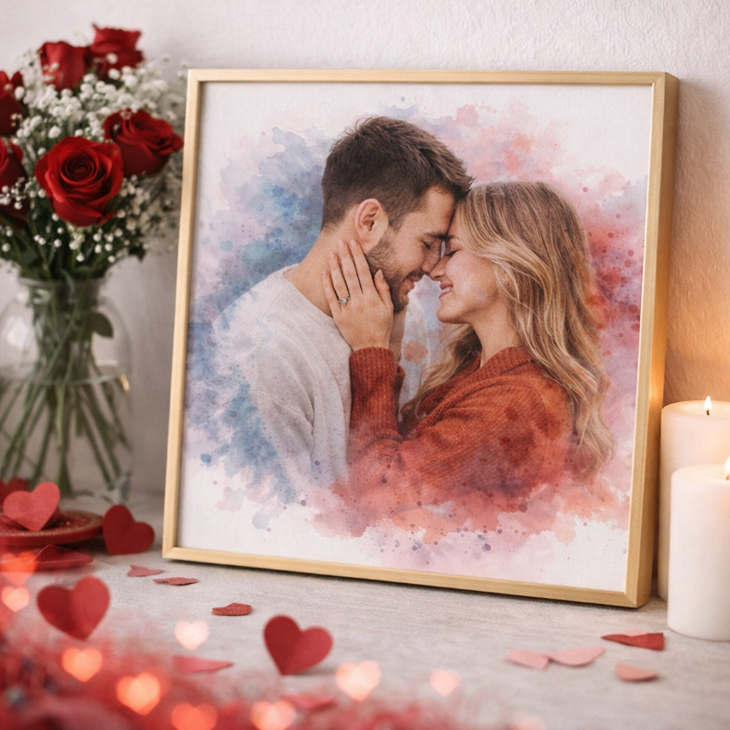 Custom Watercolour Couple Portrait – Long Distance Valentine’s Gift – Personalised Artwork