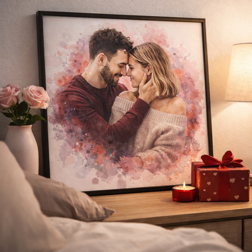 Custom Watercolour Couple Portrait – Long Distance Valentine’s Gift – Personalised Artwork