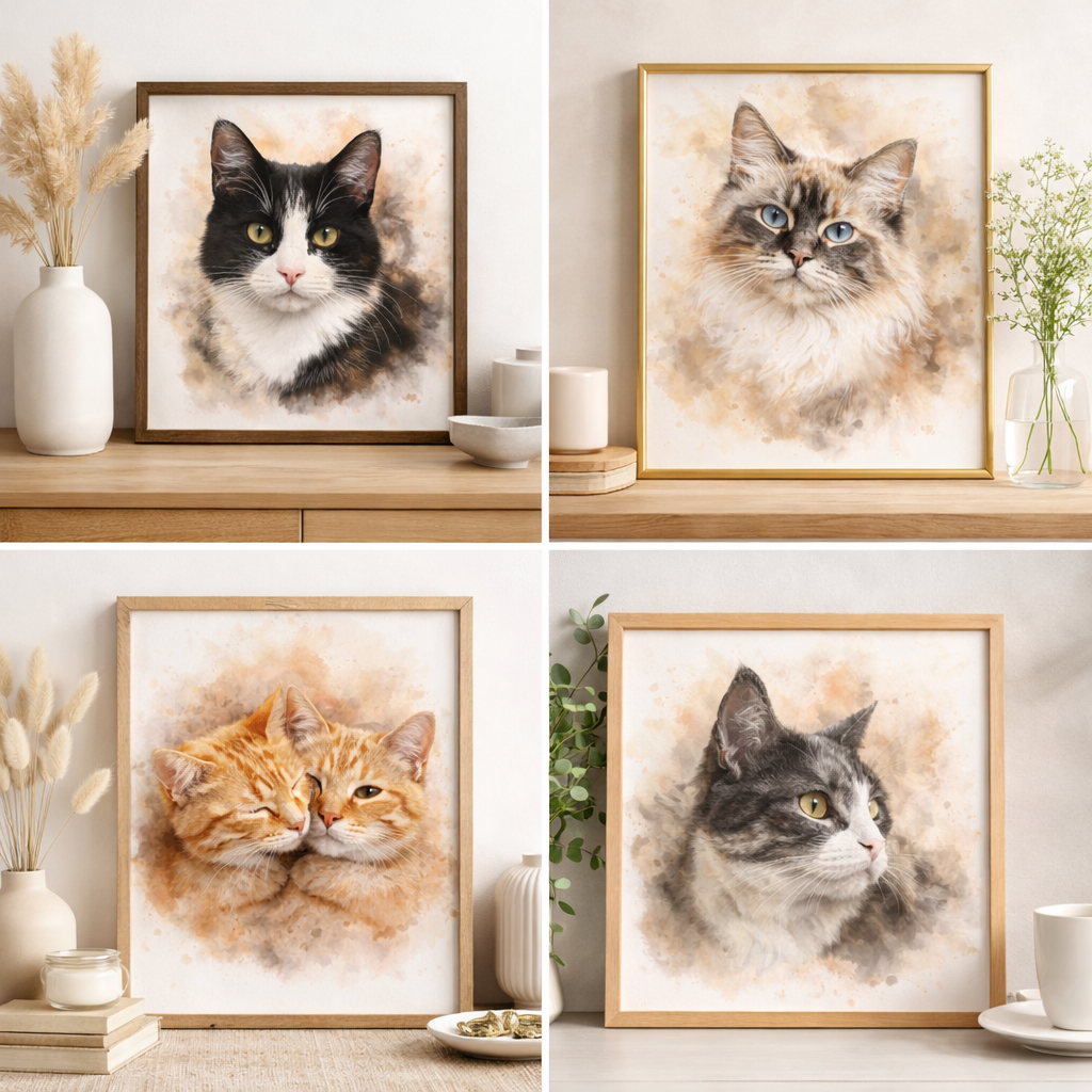 Custom Pet Family Watercolor Portrait – Unique Fur Illustration