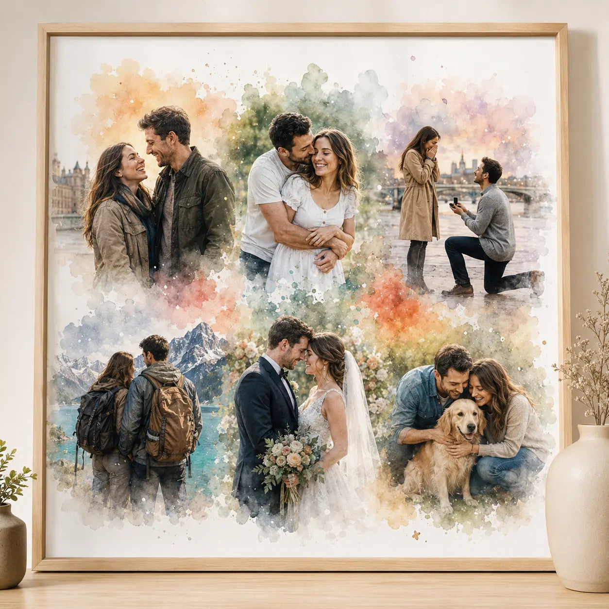 Custom Anniversary Timeline Portrait from Photo Personalised Watercolour Love Story Artwork