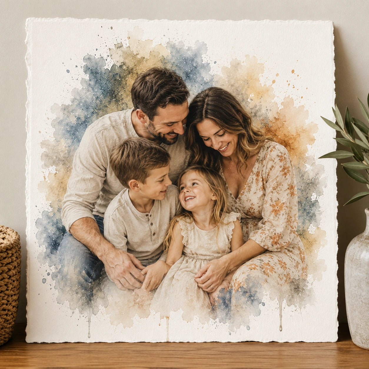 Classic Sentimental Family Wall Art Personalised Watercolour Family Portrait from Photo